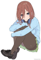 Rule 34 | 1girl, :t, black footwear, black pantyhose, blue eyes, blue sweater, blush, breasts, brown hair, closed mouth, commentary request, crossed legs, eyebrows hidden by hair, eyelashes, eyes visible through hair, full body, go-toubun no hanayome, green skirt, headphones, headphones around neck, highres, hugging own legs, irarei (araisanblog), large breasts, legs, loafers, long hair, looking at viewer, miniskirt, nakano miku, paid reward available, pantyhose, pleated skirt, school uniform, shoes, simple background, skirt, sleeves past wrists, solo, straight hair, sweater, thighband pantyhose, thighs, twitter username, upturned eyes, watermark, wavy mouth, web address, white background