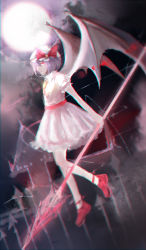 Rule 34 | 1girl, anaglyph, ankle ribbon, bad id, bad pixiv id, bat wings, blurry, blurry background, bow, brooch, cloud, cloudy sky, colored eyelashes, dress, full moon, glowing, hat, hat bow, highres, jewelry, leg ribbon, light purple hair, looking at viewer, mob cap, moon, night, night sky, pointy nose, pota (harmony), red eyes, red footwear, remilia scarlet, ribbon, scarlet devil mansion, shoes, short hair, short sleeves, sky, slit pupils, smile, solo, spear the gungnir, touhou, white dress, wings
