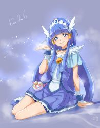 Rule 34 | 1girl, arm support, bike shorts, blue background, blue eyes, blue hair, blue shorts, blue skirt, blunt bangs, chocokin, choker, collarbone, cure beauty, dated, full body, hair tubes, hairband, head tilt, long hair, looking at viewer, miniskirt, pleated skirt, precure, short shorts, short sleeves, shorts, shorts under skirt, sidelocks, signature, sitting, skirt, smile, smile precure!, solo, very long hair, white hairband