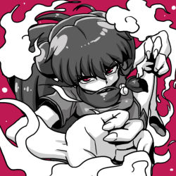 Rule 34 | 1girl, bell, chinese clothes, double bun, greyscale, greyscale with colored background, hair bun, long hair, monochrome, purple eyes, ranma 1/2, red background, shampoo (ranma 1/2), simple background, solo, wanta (futoshi)