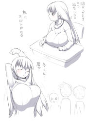 Rule 34 | 1girl, 3boys, arms up, bad id, bad pixiv id, breast rest, breasts, closed eyes, desk, huge breasts, j7w, long hair, meikko-chan (j7w), monochrome, multiple boys, oppai loli, ribbed sweater, simple background, solo focus, stretching, sweater, translation request, white background