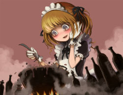 Rule 34 | 1girl, @ @, bad food, blonde hair, blush, bottle, bowl, cooking, crazy eyes, gloves, grey eyes, hair ribbon, hand on own cheek, hand on own face, maid, maid headdress, open mouth, original, ribbon, short twintails, smile, solo, twintails, ume (illegal bible)