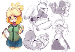Rule 34 | 1girl, animal crossing, animal ears, anus, blonde hair, bottomless, breasts, censored, clipboard, collage, cropped legs, dog ears, dog girl, faceless, faceless male, fingering, furry, furry female, furry with non-furry, interspecies, isabelle (animal crossing), nintendo, nipples, nude, partially colored, sho-n-d, skirt, solo focus, spanked, spanking, spread legs, topknot, wooden horse