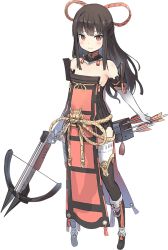 Rule 34 | arrow (projectile), bare shoulders, black hair, bowgun, detached sleeves, elbow gloves, full body, gloves, holding, holding weapon, isegawa yasutaka, long hair, official art, oshiro project:re, oshiro project:re, quiver, red eyes, sidelocks, solo, standing, thighhighs, transparent background, uchi (oshiro project), weapon, white gloves