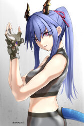 Rule 34 | 1girl, alternate hairstyle, arknights, bare arms, bare shoulders, blue hair, breasts, ch&#039;en (arknights), commentary request, crop top, dragon horns, dragon tail, fingerless gloves, gloves, gradient background, grey background, grey gloves, hair ribbon, highres, horns, large breasts, long hair, looking at viewer, midriff, parted lips, pink eyes, ponytail, red ribbon, ribbon, shirt, sidelocks, sleeveless, sleeveless shirt, solo, tail, upper body, yokaze (yokajie)