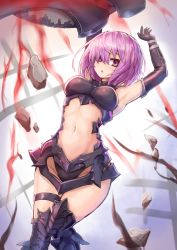Rule 34 | 1girl, armor, armored boots, armored dress, armpits, black thighhighs, boots, breasts, center opening, elbow gloves, fate/grand order, fate (series), gloves, hair over one eye, looking at viewer, mash kyrielight, midriff, navel, purple eyes, purple hair, shield, short hair, solo, sumapan, thighhighs
