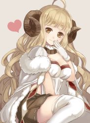 Rule 34 | 10s, 1girl, ahoge, anila (granblue fantasy), blonde hair, breasts, cleavage, draph, eyebrows, gloves, granblue fantasy, hand to own mouth, heart, horns, large breasts, long hair, looking at viewer, pleated skirt, riffey, sheep horns, simple background, sitting, skirt, smile, solo, thighhighs, white gloves, white thighhighs, yellow eyes, zettai ryouiki