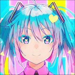 Rule 34 | 1girl, black border, blue background, blue eyes, blue hair, border, close-up, collared shirt, hair between eyes, hakusai (tiahszld), happy, hatsune miku, heart, heart-shaped pupils, long hair, looking at viewer, multicolored background, multicolored hair, pink background, pink hair, pink shirt, portrait, shirt, smile, solo, symbol-shaped pupils, twintails, two-tone hair, vocaloid, yellow background