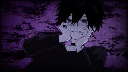 Rule 34 | 1boy, absurdres, black hair, black shirt, blush, choker, grin, hair between eyes, hands on own cheeks, hands on own face, highres, imai akira, long sleeves, looking at viewer, male focus, original, purple eyes, shirt, simple background, smile, solo, upper body