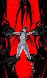 Rule 34 | 1girl, black background, breasts, closed mouth, collarbone, completely nude, highres, kamishiro rize, large breasts, long hair, nude, outstretched arms, red background, restrained, solo, tokyo ghoul, tokyo ghoul:re, yourfreakyneighbourh