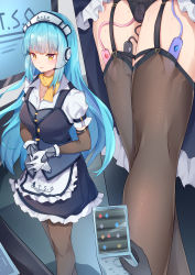Rule 34 | 1girl, absurdres, apron, black panties, black skirt, black thighhighs, black vest, blue hair, blush, breasts, buttons, cellphone, collarbone, collared shirt, controller, discreet vibrator, earpiece, egg vibrator, eiyuu densetsu, elbow gloves, falcom, female focus, flip phone, frilled apron, frills, from behind, garter straps, gloves, hairband, highres, holding, holding phone, indoors, kaga mi, kuro no kiseki, layered gloves, legs, long hair, miniskirt, multiple views, open mouth, own hands together, panties, phone, pov, puffy short sleeves, puffy sleeves, remote control, remote control vibrator, risette twinings, scarf, see-through, sex toy, shirt, short sleeves, sidelocks, skirt, small breasts, standing, sweat, textless version, thighhighs, underwear, vest, vibrator, vibrator in thighhighs, vibrator under clothes, vibrator under panties, waist apron, white apron, white gloves, white hairband, white shirt, yellow eyes, yellow scarf