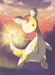 Rule 34 | ampharos, brown eyes, cloud, commentary request, creatures (company), full body, game freak, gen 2 pokemon, glowing, looking back, nintendo, no humans, outdoors, pokemon, pokemon (creature), signature, sky, solo, star (sky), tansho, twilight