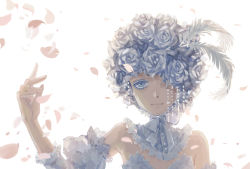 Rule 34 | 1girl, bare shoulders, blue eyes, detached collar, detached sleeves, doll (kuroshitsuji), dress, feather hair ornament, feathers, flower, feather hair ornament, hehehehehe, highres, kuroshitsuji, one eye covered, petals, rose, solo, strapless, strapless dress, upper body, wig