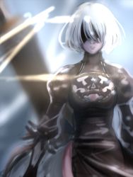 Rule 34 | 1girl, android, black dress, blindfold, cleavage cutout, clothing cutout, dress, feather-trimmed sleeves, highres, nier (series), nier:automata, puffy sleeves, shokushi yuu, silver hair, solo, 2b (nier:automata)