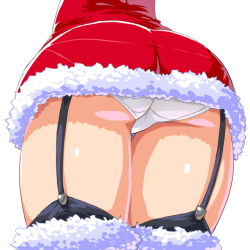 Rule 34 | 1girl, ass, ass focus, bad id, bad pixiv id, blush stickers, close-up, dd (ijigendd), garter straps, original, panties, pantylines, pantyshot, santa costume, simple background, solo, thighhighs, thighs, underwear, upskirt, white background, white panties