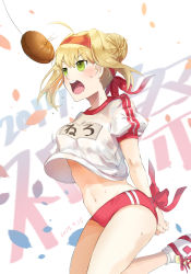 Rule 34 | 1girl, absurdres, arms behind back, bandana, blonde hair, blush, bouncing breasts, bound, bound wrists, bread, bread eating race, breasts, buruma, clothes lift, clothes writing, dated, fate (series), food, green eyes, gym uniform, hair bun, highres, jumping, ludou maomao, medium breasts, navel, nero claudius (fate), nero claudius (fate) (all), nero claudius (fate/extra), nero claudius (olympian bloomers) (fate), official alternate costume, open mouth, puffy short sleeves, puffy sleeves, red buruma, shirt lift, shoes, short sleeves, single hair bun, sneakers, solo, sparkle, sweat