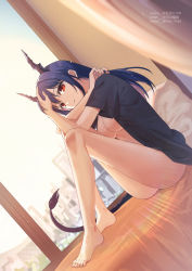 Rule 34 | 1girl, alternate costume, alternate hairstyle, arknights, artist name, bare legs, barefoot, bed sheet, black shirt, blue hair, breasts, ch&#039;en (arknights), cleavage, day, dragon girl, dragon horns, dragon tail, dutch angle, gogatsu fukuin, hair down, highres, horns, indoors, knees up, large breasts, lens flare, long hair, looking at viewer, naked shirt, no bra, open clothes, open shirt, parted lips, pillow, red eyes, shirt, short sleeves, sitting, solo, sunlight, tail, window
