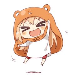 Rule 34 | &gt; &lt;, 1girl, :d, > <, barefoot, blonde hair, chibi, clenched hand, doma umaru, hamster costume, hamster hood, himouto! umaru-chan, hood, jumping, komaru (himouto! umaru-chan), long hair, namori, open mouth, simple background, smile, solo, white background, xd