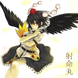 Rule 34 | 1girl, belt, bird wings, black belt, black hair, black ribbon, black skirt, black wings, breasts, buttons, camera, closed mouth, collared shirt, feathered wings, frilled skirt, frills, hand fan, happy, hat, hauchiwa, henoaokamoheji, holding, holding camera, holding fan, leaf print, looking at viewer, pom pom (clothes), puffy short sleeves, puffy sleeves, red eyes, red hat, ribbon, shameimaru aya, shirt, short hair, short sleeves, simple background, skirt, small breasts, smile, tokin hat, touhou, translation request, white background, white shirt, wings