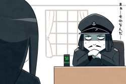 Rule 34 | 10s, 1boy, 1girl, abyssal admiral (kancolle), abyssal ship, admiral (kancolle), admiral suwabe, black hair, blue eyes, comic, k-suwabe, kantai collection, ru-class battleship, sweat, translation request