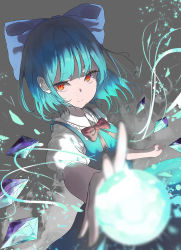 Rule 34 | 1girl, 38 (sanjuuhachi), alternate eye color, blue bow, blue dress, blue hair, blurry, blurry foreground, bow, bowtie, cirno, closed mouth, collared shirt, commentary request, depth of field, dress, energy ball, grey background, hair bow, highres, ice, ice wings, outstretched arm, perspective, puffy short sleeves, puffy sleeves, red bow, red bowtie, red eyes, shirt, short hair, short sleeves, simple background, smile, smoke, solo, touhou, upper body, wings