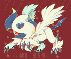 Rule 34 | absol, akadako, animal focus, bright pupils, claws, creatures (company), fang, feathered wings, game freak, gen 3 pokemon, hair over one eye, looking at viewer, mega absol, mega pokemon, nintendo, no humans, one-hour drawing challenge, one eye covered, open mouth, pokedex number, pokemon, pokemon (creature), red background, red eyes, running, solo, star (symbol), starry background, white hair, white pupils, white wings, wings