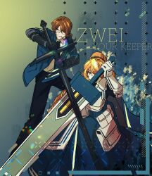 1boy 1girl absurdres armor black_necktie blue_cape blue_dress blue_jacket brown_hair cape cigarette collared_shirt dress f_empathized gauntlets glasses gloves greatsword gregor_(project_moon) highres holding holding_sword holding_weapon ishmael_(project_moon) jacket limbus_company long_hair necktie orange_hair parted_lips ponytail pouch project_moon shirt smoke smoking sword very_long_hair weapon white_armor white_gloves yellow_shirt zwei_association_(identity)_(project_moon) zweihander