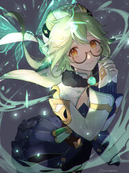 Rule 34 | 1girl, absurdres, animal ears, cat ears, genshin impact, glasses, green hair, hair between eyes, hat, highres, jewelry, long sleeves, mirin., necklace, orange eyes, own hands clasped, own hands together, semi-rimless eyewear, solo, sucrose (genshin impact), vision (genshin impact)