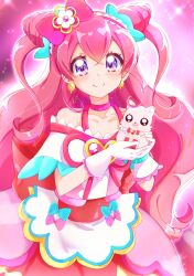 Rule 34 | 1girl, absurdres, apron, bow, brooch, choker, closed mouth, cone hair bun, cure precious, delicious party precure, dress, earrings, frilled hairband, frills, gloves, hair bow, hair bun, hair tie, hairband, heart, heart brooch, highres, holding, jewelry, kome-kome (precure), long hair, looking at viewer, magical girl, nagomi yui, off-shoulder dress, off shoulder, pink choker, pink hair, precure, purple eyes, red bow, smile, solo, sparkle, standing, sugimura mickey, two side up, very long hair, waist apron, white gloves