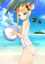 Rule 34 | 1girl, abigail williams (fate), absurdres, ass, bad id, bad pixiv id, ball, bandaid, bandaid on face, bandaid on forehead, bare arms, bare shoulders, beach, beachball, black bow, blonde hair, blue eyes, blue sky, bow, breasts, chestnut mouth, cloud, cowboy shot, day, double bun, fate/grand order, fate (series), from side, hair bow, hair bun, highres, holding, island, long hair, looking at viewer, ocean, one-piece swimsuit, orange bow, outdoors, palm tree, parted bangs, parted lips, school swimsuit, sidelocks, sky, small breasts, solo, standing, swimsuit, thighs, topu, tree, water, white one-piece swimsuit