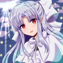 Rule 34 | 1girl, 2017, bow, capelet, dated, dot zip, floating hair, fur trim, hair bow, half updo, long hair, melty blood, neck ribbon, pointy ears, red eyes, ribbon, silver hair, solo, tsukihime, upper body, white bow, white capelet, white len (tsukihime), white ribbon