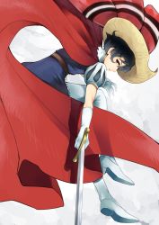 Rule 34 | 1girl, androgynous, black hair, cape, elbow gloves, eyelashes, female focus, gloves, hat, highres, nishiide kengorou, pantyhose, princess sapphire, profile, puff and slash sleeves, puffy sleeves, red eyes, reverse trap, ribbon no kishi, short hair, short sleeves, solo, sword, weapon, white footwear