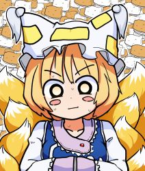 Rule 34 | 1girl, animal hat, blonde hair, blush stickers, breast hold, breasts, dress, food, fox tail, frills, gradient eyes, hat, mob cap, multicolored eyes, multiple tails, mob cap, short hair, solo, staring, tabard, tail, tofu, touhou, upper body, yakumo ran, yankopi, yellow eyes