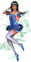 Rule 34 | 1girl, bare shoulders, blue hair, choker, closed eyes, commentary request, dress, earrings, flower, full body, gloves, hair between eyes, hair ornament, head wreath, highres, jewelry, long hair, love live!, love live! school idol project, nyubb, realistic, solo, sonoda umi, thighhighs, white gloves, yume no tobira