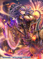 Rule 34 | 1girl, armor, axe, breasts, camilla (fire emblem), cleavage, company name, elbow gloves, fire, fire emblem, fire emblem cipher, fire emblem fates, fumi (butakotai), glint, gloves, hair over one eye, holding, holding axe, large breasts, long hair, looking at viewer, nintendo, official art, open mouth, purple eyes, purple gloves, purple hair, red eyes, smile, solo, tiara, very long hair, watermark, wavy hair, wings