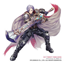 Rule 34 | 1boy, 23/7, armor, artist name, belt, black gloves, boots, cape, chain, company name, copyright name, dagger, fighting stance, full body, gauntlets, gloves, kamui natsuki, knee pads, knife, looking at viewer, male focus, official art, pouch, simple background, solo, standing, sword, weapon, white hair