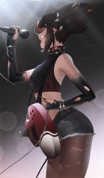 Rule 34 | absurdres, armpits, black hair, black pantyhose, breasts, elbow gloves, facing to the side, genshin impact, gloves, guitar, highres, holding, holding instrument, holding microphone, instrument, medium breasts, microphone, midriff, multicolored hair, music, open mouth, pantyhose, red hair, shirt, short shorts, shorts, singing, sleeveless, sleeveless shirt, sofit, torn clothes, torn legwear, twintails, xinyan (genshin impact)