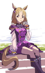 Rule 34 | 1girl, animal ears, bare shoulders, blonde hair, boots, bow, bowtie, breasts, brooch, cup, disposable cup, drinking, gloves, highres, holding, holding cup, horse ears, horse girl, horse tail, jacket, jewelry, looking at viewer, meka aoratos, narita top road (umamusume), off-shoulder jacket, off shoulder, orange eyes, purple jacket, purple shorts, see-through, see-through sleeves, short hair, shorts, sitting, small breasts, solo, stairs, tail, thigh strap, umamusume, white gloves