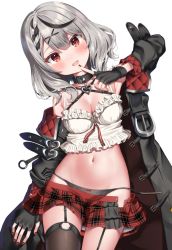 Rule 34 | 1girl, black collar, black gloves, black hair, black jacket, black panties, black thighhighs, blush, braid, breasts, cleavage, collar, finger to mouth, fingerless gloves, fingernails, garter straps, gloves, hair ornament, heart collar, highres, hololive, jacket, k mugura, long sleeves, looking at viewer, medium breasts, multicolored hair, nail polish, navel, open mouth, panties, plaid, plaid skirt, red eyes, red nails, red skirt, sakamata chloe, short hair, side-tie panties, silver hair, simple background, skirt, smile, solo, stomach, streaked hair, thighhighs, thighs, underwear, untied panties, virtual youtuber, white background, x hair ornament