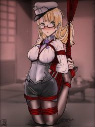Rule 34 | 1girl, arms behind back, bdsm, black pantyhose, black skirt, blonde hair, blue neckwear, blush, bondage, bound, breasts, glasses, green eyes, hat, highres, indoors, kantai collection, large breasts, long hair, long sleeves, medal, northampton (kancolle), nose blush, pantyhose, parted lips, pencil skirt, red rope, rope, shibari, shibari over clothes, signature, skirt, solo, white hat, yi ri wu shi (sui cun)