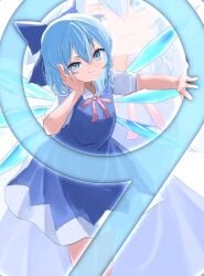 Rule 34 | 1girl, blue bow, blue dress, blue eyes, bow, cirno, closed mouth, commentary request, detached wings, dress, hair bow, hand on own face, highres, ice, ice wings, looking at viewer, mikan (manmarumikan), short sleeves, smile, solo, touhou, wings, zoom layer