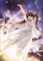 Rule 34 | 1girl, bare shoulders, blue eyes, brown hair, bubble, cloud, dress, hair ribbon, long hair, looking up, open mouth, original, ribbon, sky, smile, solo, sundress, twintails, unowen, wand