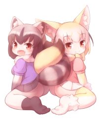Rule 34 | 2girls, animal ear fluff, animal ears, arm support, ass, ass-to-ass, black gloves, black hair, black skirt, blonde hair, blouse, blush, bow, bowtie, clothes lift, commentary, common raccoon (kemono friends), elbow gloves, fangs, fennec (kemono friends), fox ears, fox tail, fur-trimmed gloves, fur collar, fur trim, gloves, grey hair, intertwined tails, kemono friends, matsuu (akiomoi), multicolored clothes, multicolored gloves, multicolored hair, multicolored legwear, multiple girls, no shoes, open mouth, pantyhose, pink sweater, pleated skirt, purple shirt, raccoon ears, raccoon tail, red eyes, shirt, short sleeves, simple background, sitting, skirt, skirt lift, smile, sweater, tail, tail wrap, tareme, thighhighs, wariza, white background, white gloves, white legwear, white skirt, yellow gloves, yellow neckwear