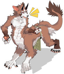 Rule 34 | 1boy, absurdres, animal ears, bad id, bad pixiv id, beshikuya, brown fur, centauroid, claws, collarbone, commentary request, facial mark, full body, furry, furry male, highres, horns, leg up, loincloth, long tail, looking to the side, male focus, navel, nipples, notice lines, open mouth, original, pectorals, red eyes, serious, shadow, sharp teeth, simple background, slit pupils, solo, tail, taur, teeth, two-tone fur, white background, white fur