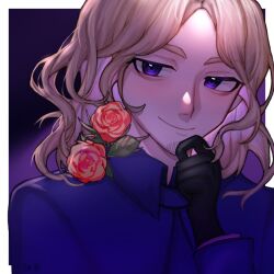 Rule 34 | 1boy, axis powers hetalia, black gloves, blonde hair, blue eyes, blue shirt, chinese commentary, closed mouth, commentary request, facial hair, flower, france (hetalia), gloves, hand on own chin, long sleeves, male focus, medium hair, portrait, red flower, red rose, rose, shirt, smile, solo, stubble, wavy hair, xianyujunzhimiyingla