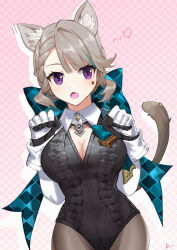 Rule 34 | 1girl, animal ear fluff, animal ears, black leotard, breasts, cat ears, checkered background, cleavage, cowboy shot, facial mark, fang, genshin impact, gloves, grey hair, grey pantyhose, heart, highres, large breasts, leotard, linreplica, long sleeves, looking at viewer, lynette (genshin impact), open mouth, pantyhose, pink background, purple eyes, short hair, solo, star (symbol), strapless, strapless leotard, white gloves