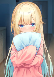 Rule 34 | 1girl, aizawa ema, amaner, blonde hair, blue eyes, blue hair, blunt bangs, blurry, blurry background, blush, gradient hair, highres, holding, holding pillow, indoors, long sleeves, looking at viewer, multicolored hair, pajamas, pillow, pink pajamas, solo, virtual youtuber, vspo!