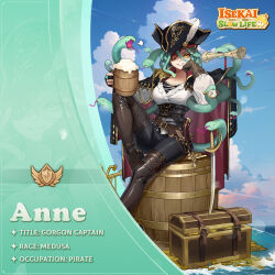 Rule 34 | 1girl, 6+others, animal, anne (isekai: slow life), artist request, beer mug, belt, black belt, black coat, black corset, black headwear, black pants, blue gemstone, blue sky, boots, breasts, brown belt, brown footwear, brown gloves, character name, character profile, cloud, coat, coin, colored eyepatch, compass, corset, cup, eyepatch, foam, foot up, gem, gloves, green eyes, green hair, gun, hand on own cheek, hand on own face, hands up, hat, holding, holding cup, isekai: slow life, jewelry, knee up, long sleeves, looking at viewer, map, medium breasts, monster girl, mug, multiple others, object request, ocean, official art, one eye closed, open mouth, outdoors, pants, partially fingerless gloves, pirate, pirate hat, puffy sleeves, red eyes, ring, shirt, single feather, sitting, sky, smile, snake, snake hair, sword, teeth, thigh boots, treasure, treasure chest, weapon, white shirt