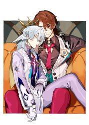 Rule 34 | 2boys, brown hair, closed mouth, couch, earrings, facial hair, gallagher (honkai: star rail), gloves, halo, head wings, highres, honkai: star rail, honkai (series), jewelry, long sleeves, male focus, miyakami, multiple boys, necktie, on couch, red necktie, short hair, sitting, sitting on lap, sitting on person, spoilers, sunday (honkai: star rail), white gloves, wings, yaoi