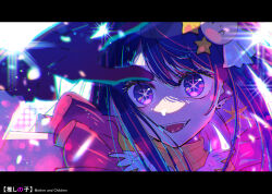 Rule 34 | 1girl, chromatic aberration, commentary, copyright name, earrings, film grain, hair between eyes, hair ornament, hand up, hirayama kanna, hoshino ai (oshi no ko), idol, idol clothes, jewelry, lens flare, lens flare abuse, letterboxed, long hair, looking at viewer, one side up, open mouth, oshi no ko, purple eyes, purple hair, rabbit hair ornament, sidelocks, solo, star-shaped pupils, star (symbol), star hair ornament, stud earrings, symbol-shaped pupils, teeth, turtleneck, upper body